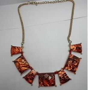 Orange Foil Inlay Statement Bib Necklace Gold tone Bold Edgy chunky sunset Boho